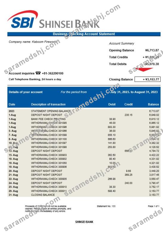 Shinsei Bank business statement Word and PDF template